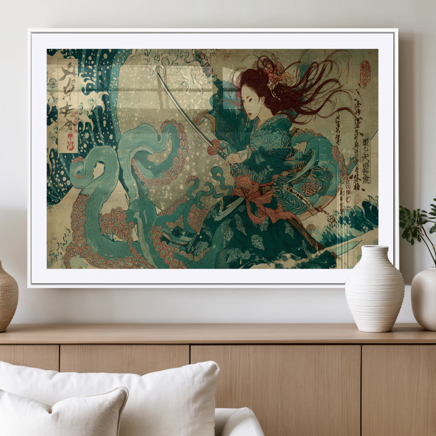 Tsukioka Yoshitoshi Samurai Wall Art Print, Japanese Katana Warrior Canvas Wall Art, Octopus Sea Monster Canvas Print,