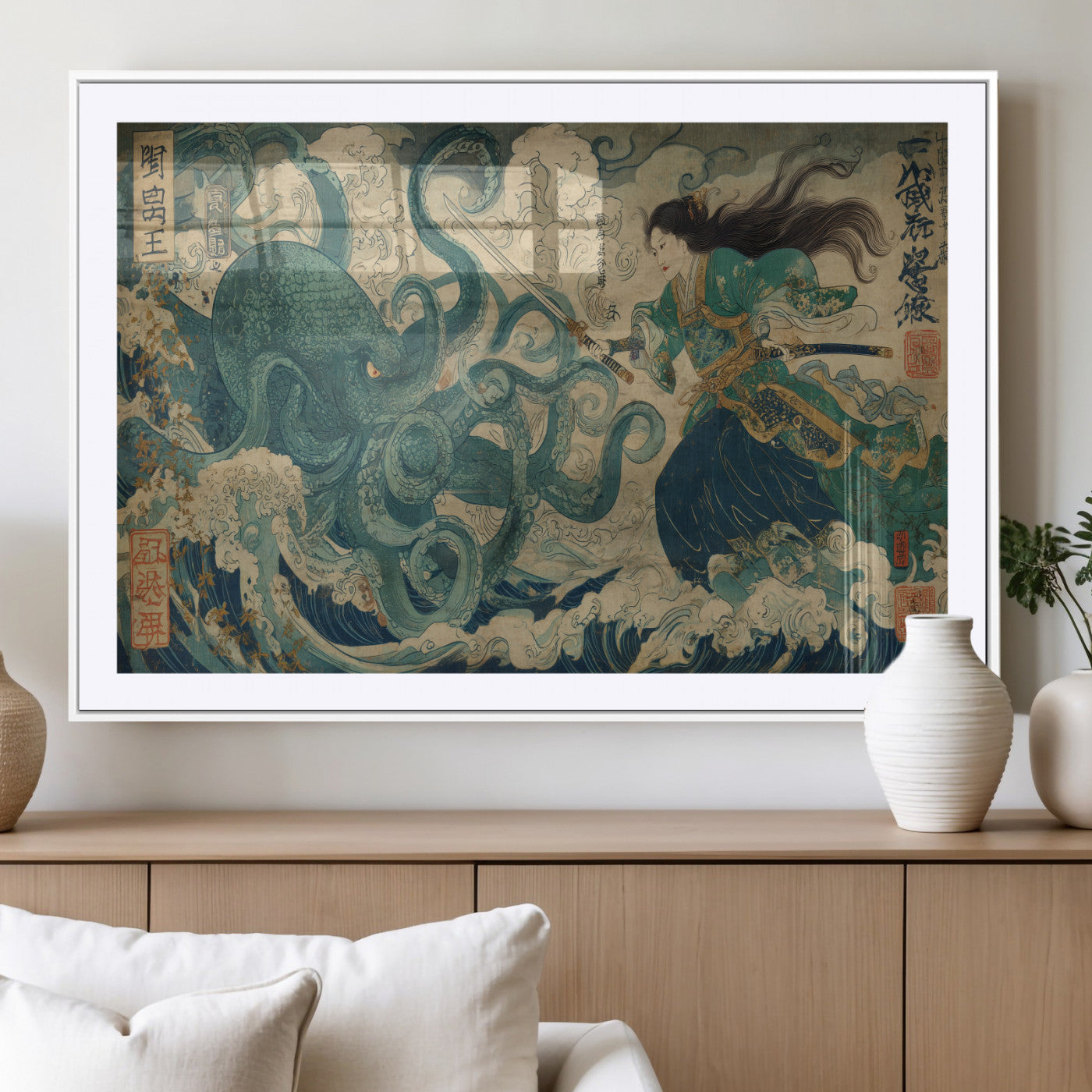 Tsukioka Yoshitoshi Samurai Wall Art Print, Japanese Katana Warrior Canvas Wall Art, Octopus Sea Monster Canvas Print,