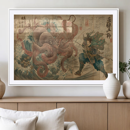 Tsukioka Yoshitoshi Samurai Wall Art Print, Japanese Katana Warrior Canvas Wall Art, Octopus Sea Monster Canvas Print,