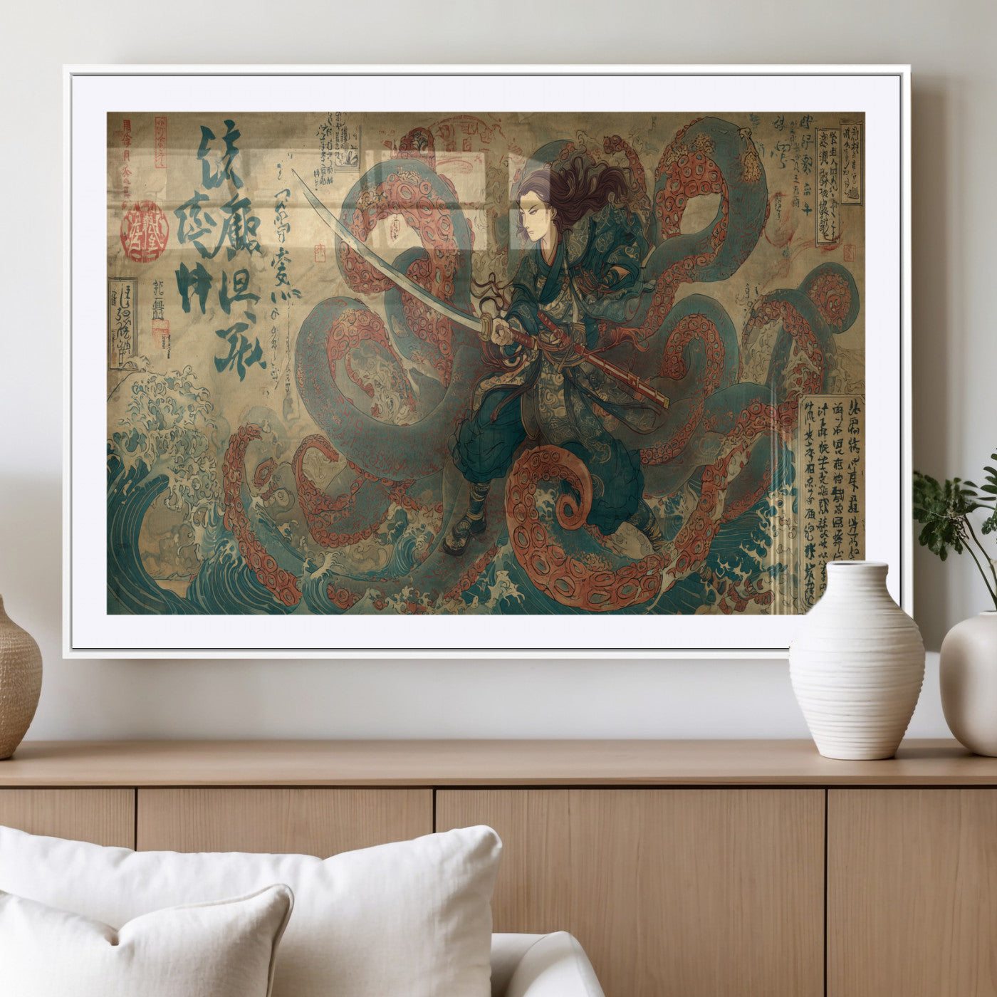 Tsukioka Yoshitoshi Samurai Wall Art Print, Japanese Katana Warrior Canvas Wall Art, Octopus Sea Monster Canvas Print,