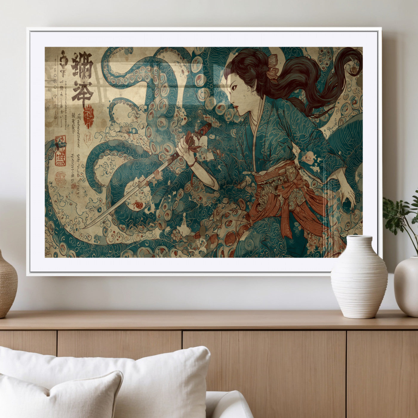 Tsukioka Yoshitoshi Samurai Wall Art Print, Japanese Katana Warrior Canvas Wall Art, Octopus Sea Monster Canvas Print,