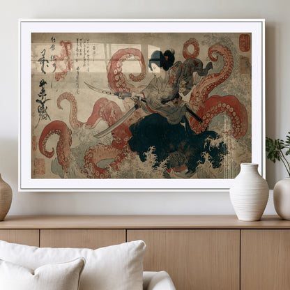 Tsukioka Yoshitoshi Samurai Wall Art Print, Japanese Katana Warrior Canvas Wall Art, Octopus Sea Monster Canvas Print,