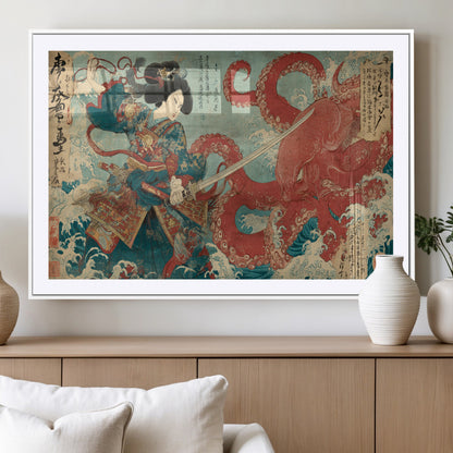 Tsukioka Yoshitoshi Samurai Wall Art Print, Japanese Katana Warrior Canvas Wall Art, Octopus Sea Monster Canvas Print,