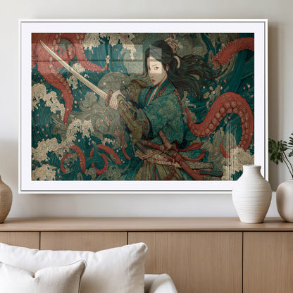 Tsukioka Yoshitoshi Samurai Wall Art Print, Japanese Katana Warrior Canvas Wall Art, Octopus Sea Monster Canvas Print,