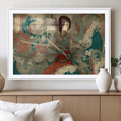 Tsukioka Yoshitoshi Samurai Wall Art Print, Japanese Katana Warrior Canvas Wall Art, Octopus Sea Monster Canvas Print,
