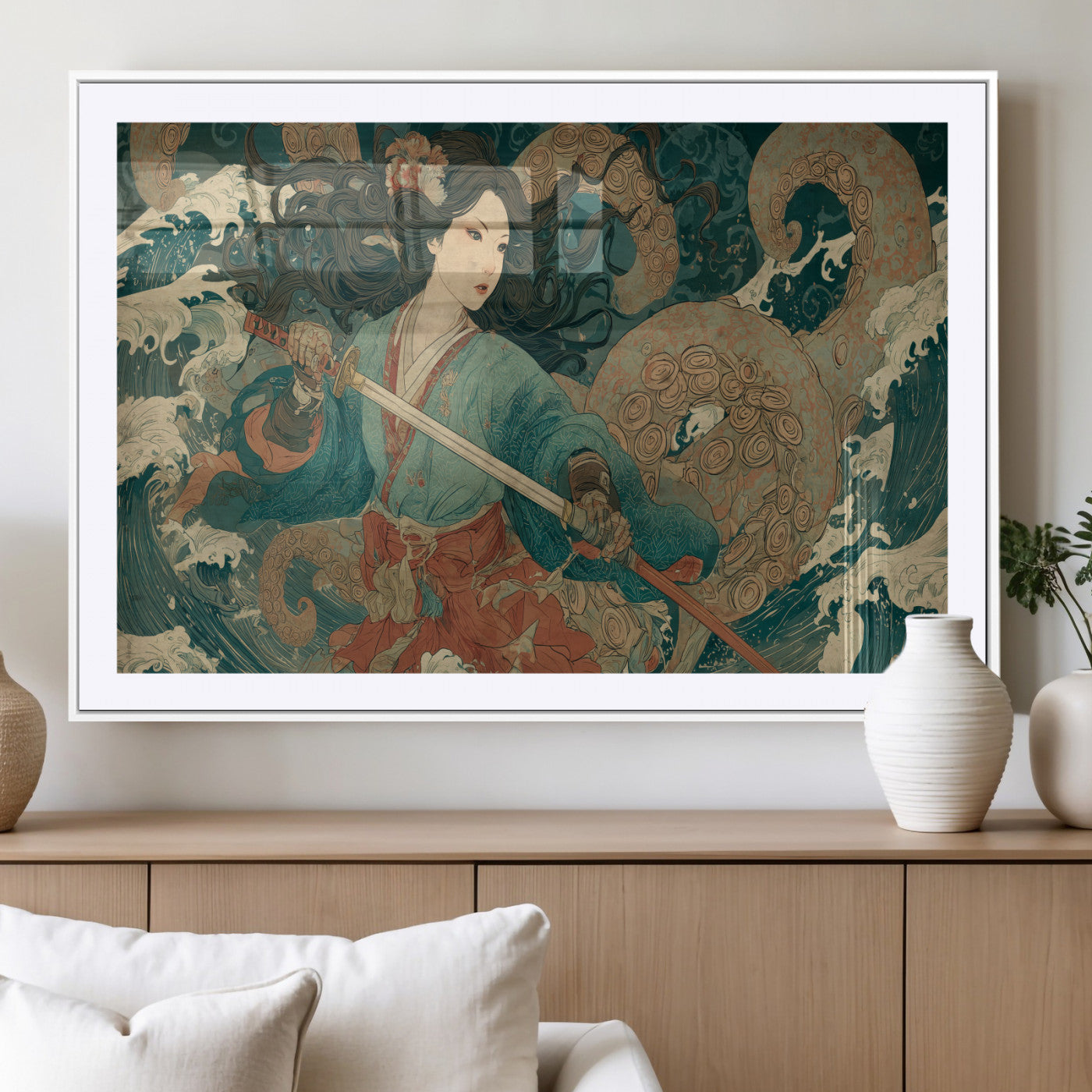 Tsukioka Yoshitoshi Samurai Wall Art Print, Japanese Katana Warrior Canvas Wall Art, Octopus Sea Monster Canvas Print,