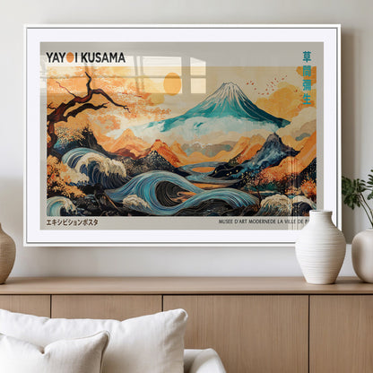 Modern Japanese-style art print featuring a stylized Mount Fuji, flowing waves, and vibrant landscapes in bold colors, inspired by traditional and contemporary aesthetics.