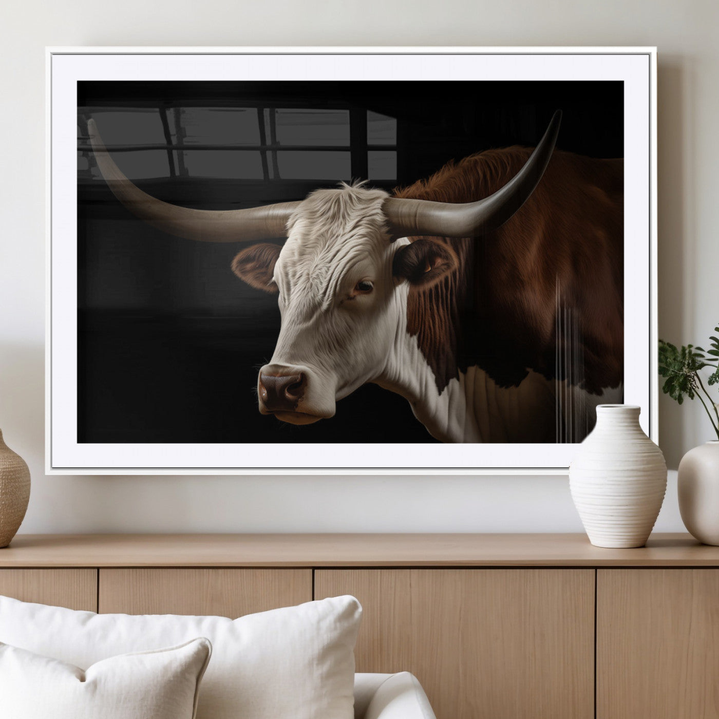 "Close-up of a brown and white longhorn cow with prominent curved horns against a black background."