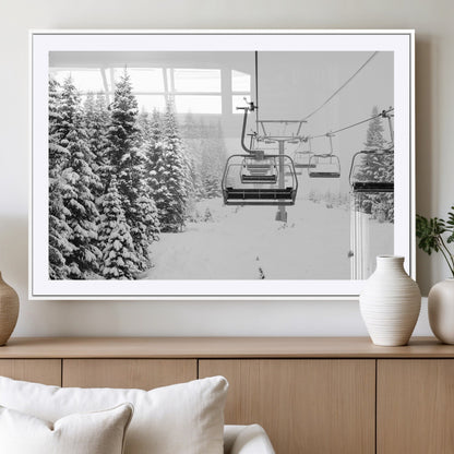 Black and white canvas of empty ski lifts over a snowy pine forest, perfect for minimal winter or ski lodge-inspired decor.