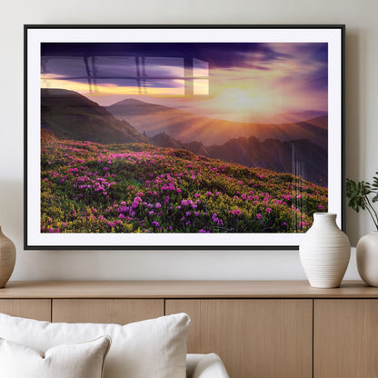 -Mountain Sunrise Wall Art – Vibrant Floral Landscape Canvas Print, Nature Home Decor for Living Room, Bedroom Office or Cabin