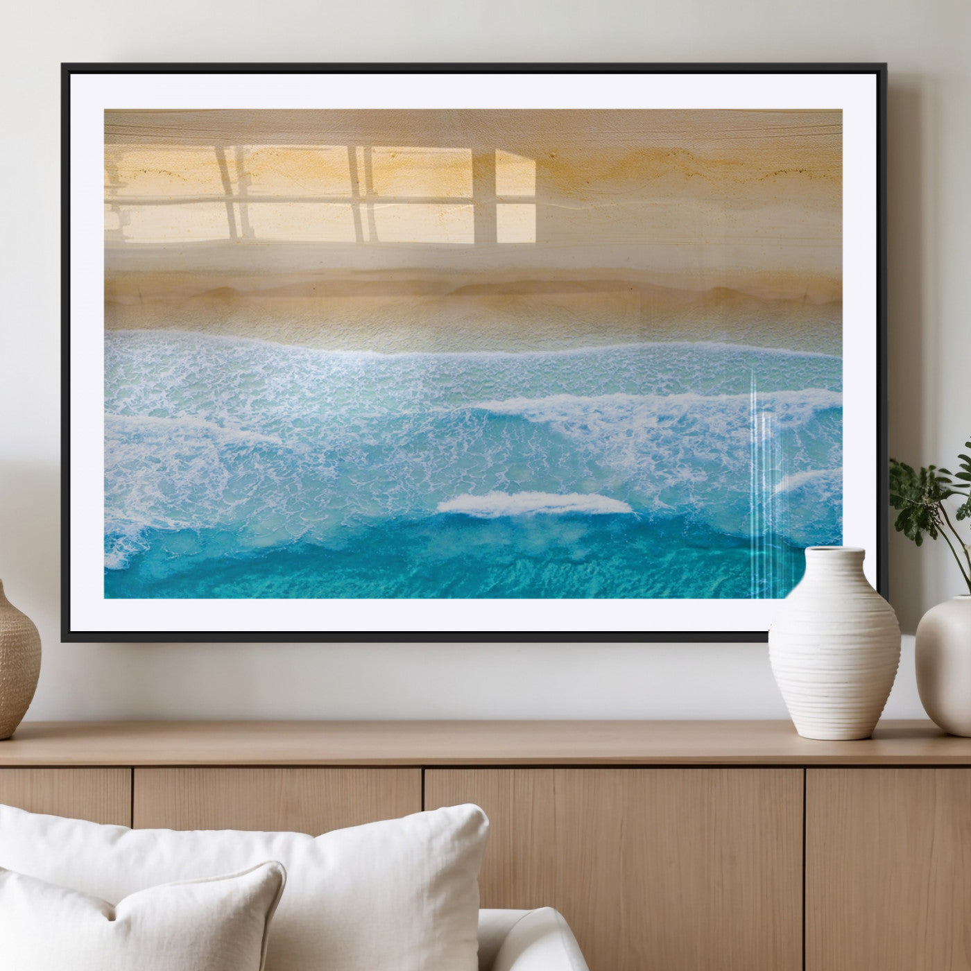 -Aerial Beach Wall Art – Serene Ocean Waves & Sandy Shore Canvas Print, Coastal Home Decor for Living Room, Bedroom or Office