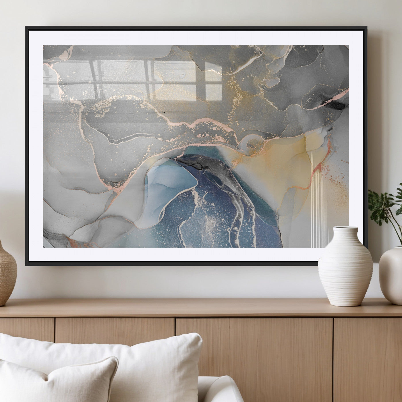-Abstract Fluid Art Wall Decor – Blue, Gray & Gold Canvas Print, Modern Home and Office Wall Art Decor for Living Room, Bedroom or Workspace