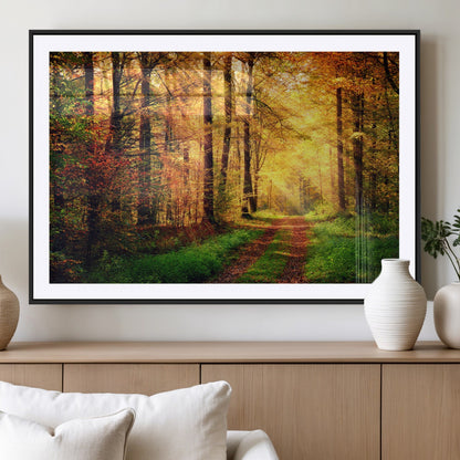 73494-MGV-CV-36X24-Golden Autumn Forest Path Wall Art – Sunlit Woodland Canvas Print, Fall Nature Landscape Home Decor