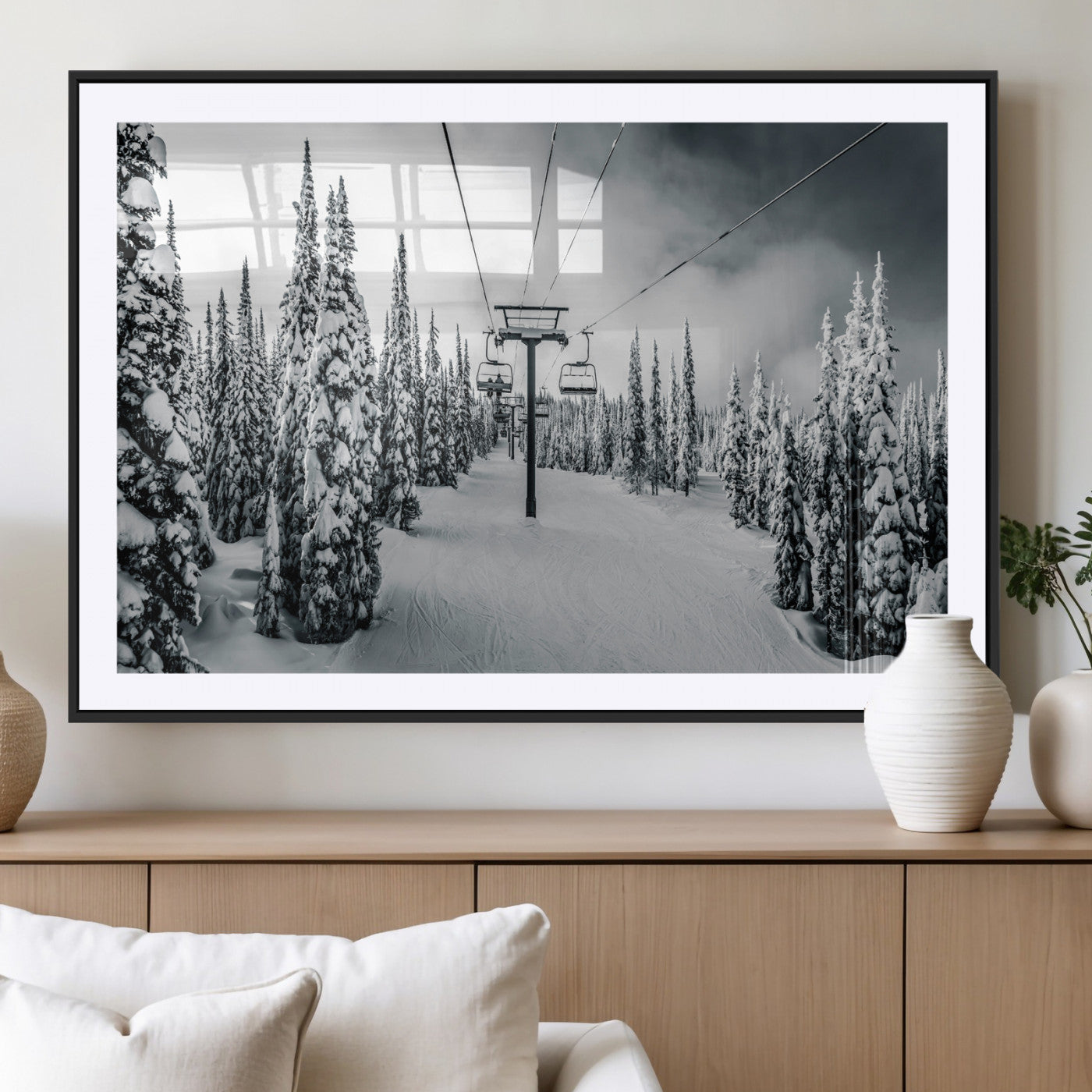 Canvas of a snowy ski lift scene through a forest of tall pine trees, ideal for moody winter or alpine-themed home decor.