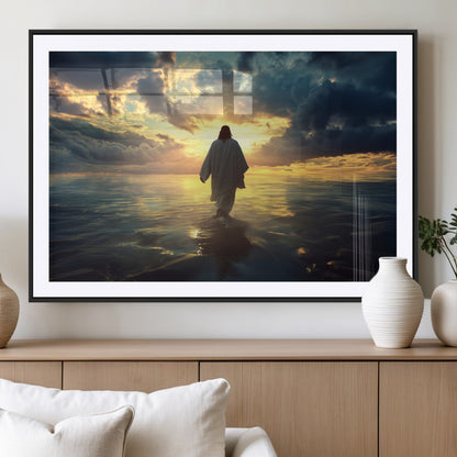 Spiritual artwork of Jesus walking on water at golden hour with divine light, ideal for Christian home decor or prayer room.