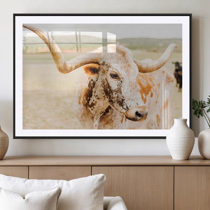 Close-up of a speckled Texas Longhorn in warm prairie tones, perfect for rustic western or countryside-themed room decor.