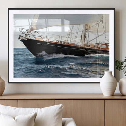 Close-up of a classic sailing yacht with wooden deck and full sails, perfect for nautical or coastal-style decor in ocean-themed spaces.