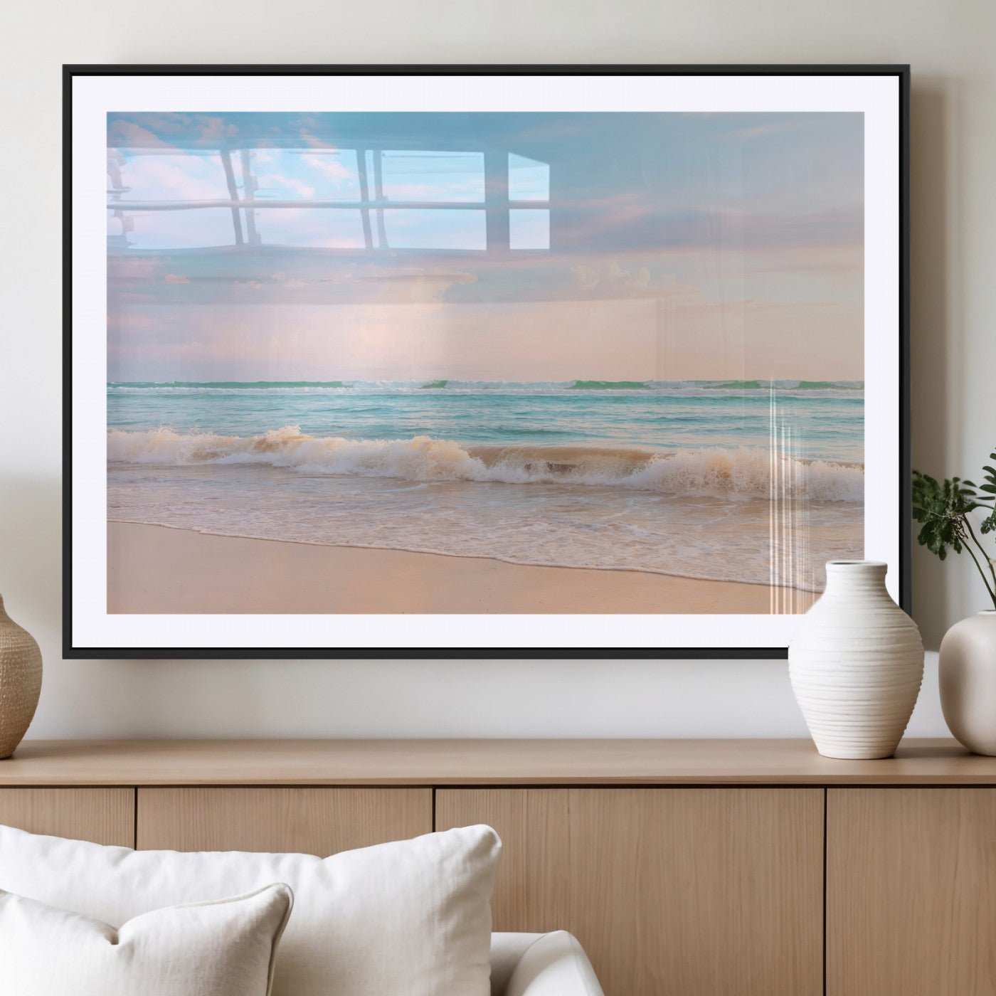 Pastel-toned ocean waves under soft sunset skies, ideal for pastel coastal or serene beach-style home decor.
