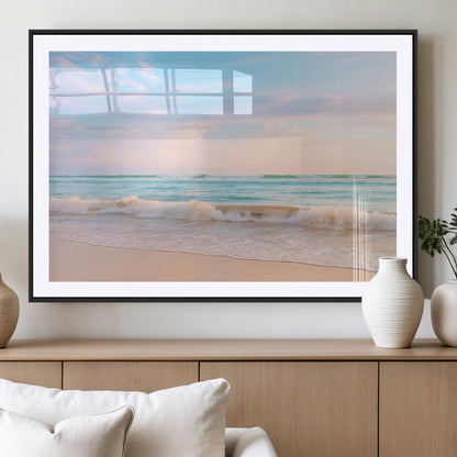 Pastel-toned ocean waves under soft sunset skies, ideal for pastel coastal or serene beach-style home decor.
