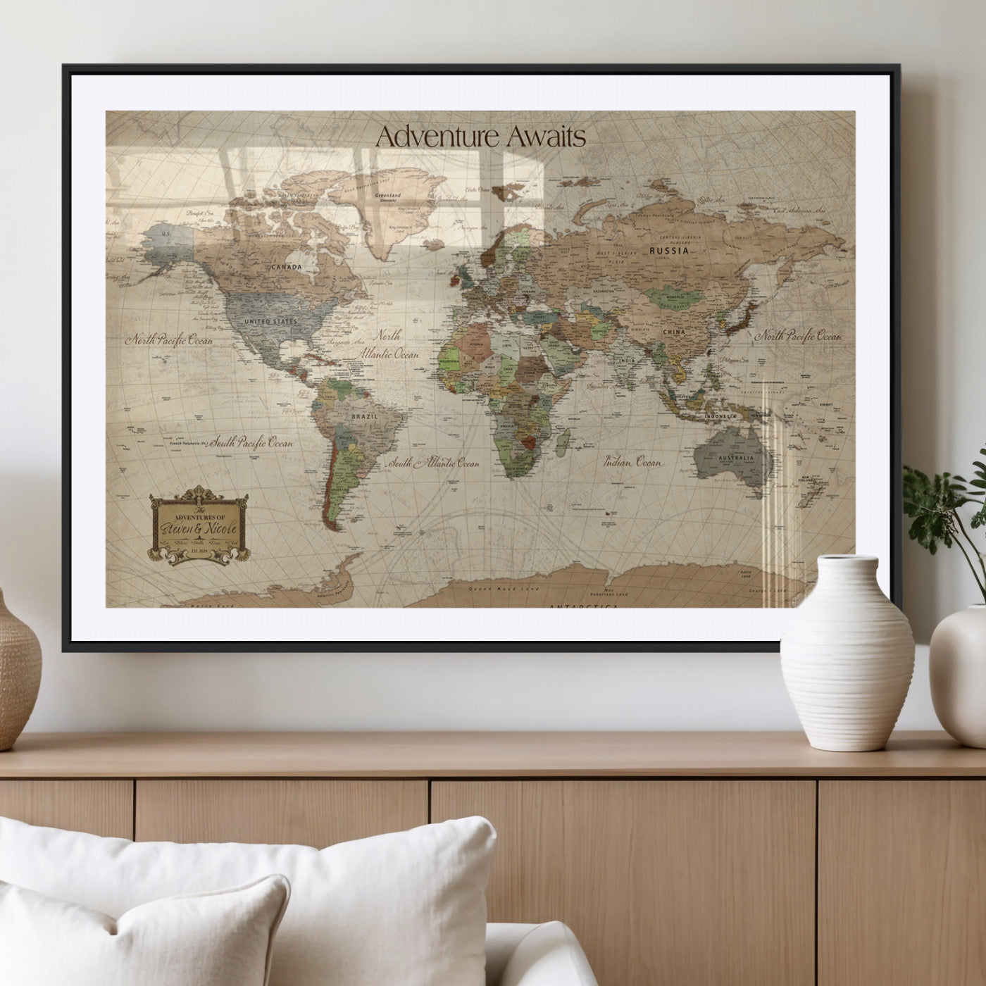 Custom Push Pin World Map Wall Canvas Print – Personalized Travel Tracker with Pins – Framed Custom Quotie Canvas for Home Office Decor