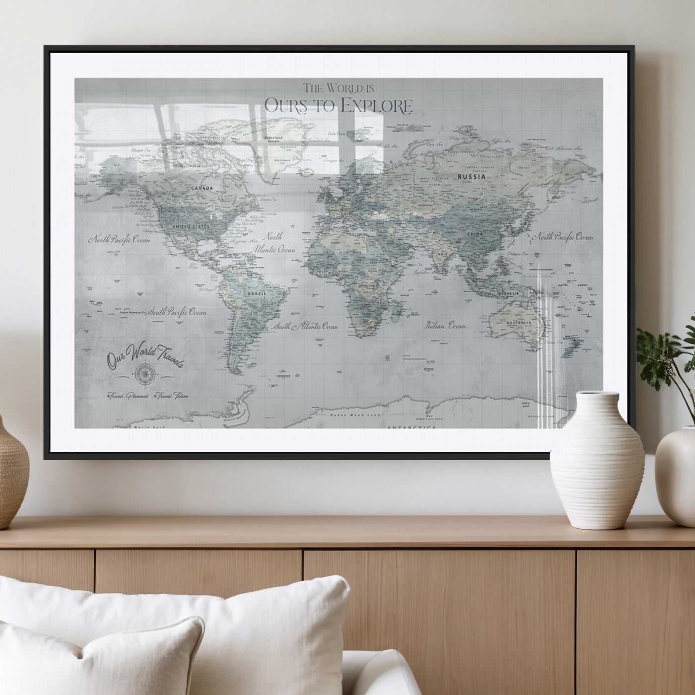 Custom Push Pin World Map Wall Canvas Print – Personalized Travel Tracker with Pins – Framed Custom Quotie Canvas for Home Office Decor