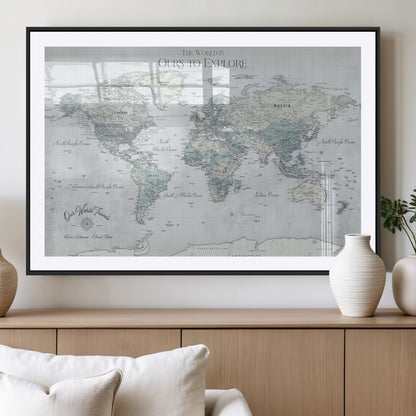 Custom Push Pin World Map Wall Canvas Print – Personalized Travel Tracker with Pins – Framed Custom Quotie Canvas for Home Office Decor