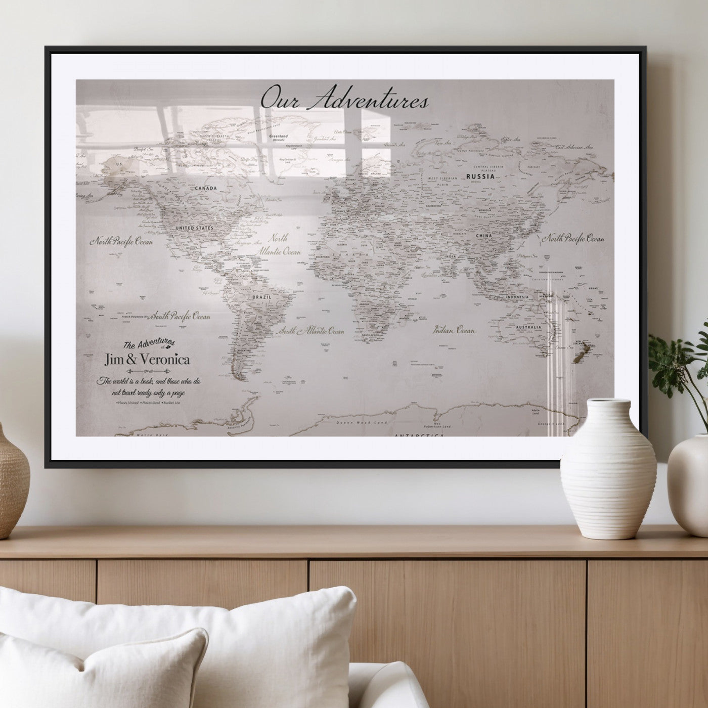 Customize Push Pin World Map Wall Canvas Print – Personalized Travel Map with Foam Pins – Framed Custom Quotie Canvas for Home Office Decor
