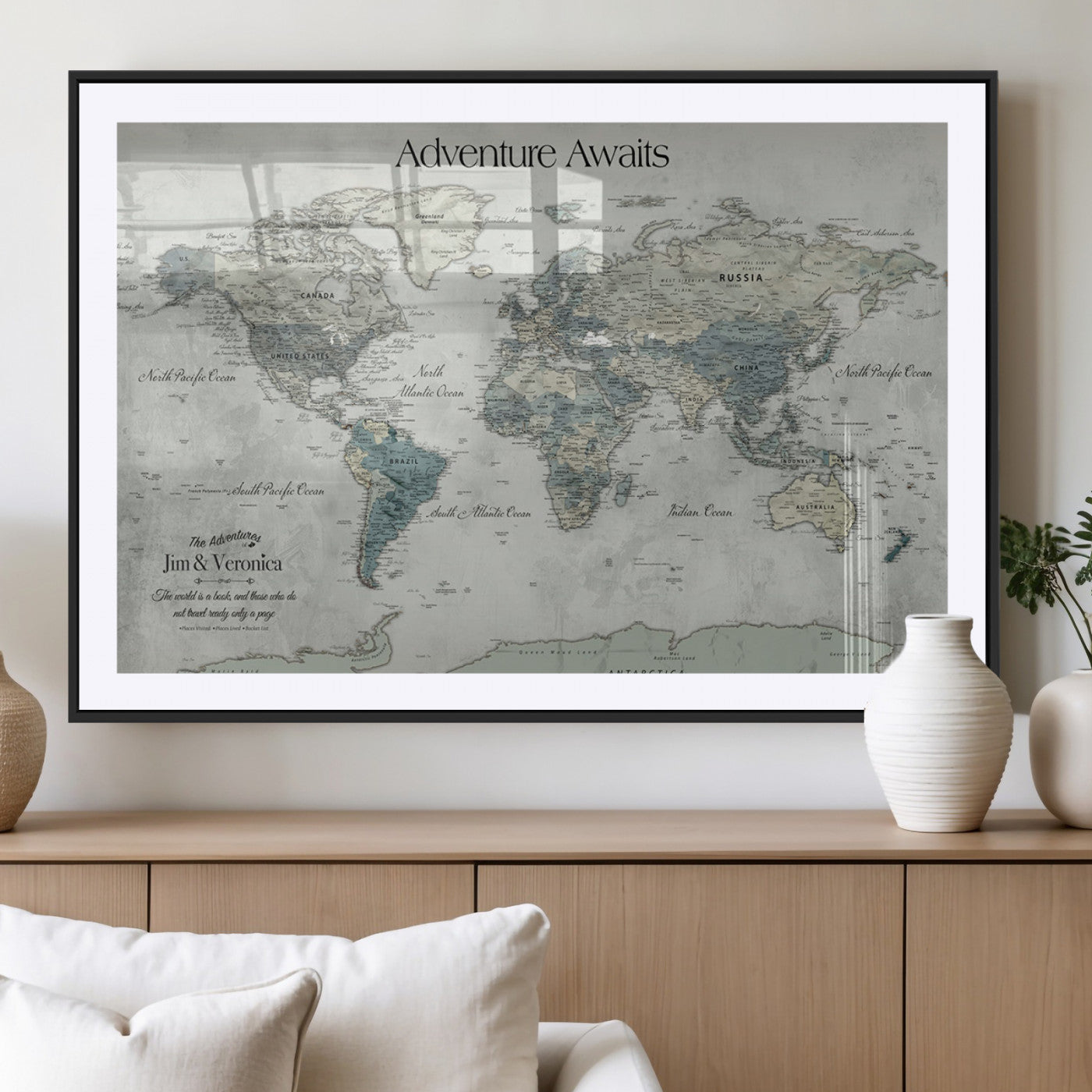 Customize Push Pin World Map Wall Canvas Print – Personalized Travel Tracker with Pins – Framed Custom Quotie Canvas for Home Office Decor