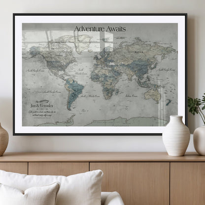 Customize Push Pin World Map Wall Canvas Print – Personalized Travel Tracker with Pins – Framed Custom Quotie Canvas for Home Office Decor
