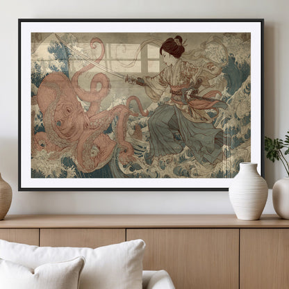 Tsukioka Yoshitoshi Samurai Wall Art Print, Japanese Katana Warrior Canvas Wall Art, Octopus Sea Monster Canvas Print,