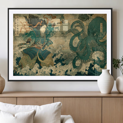 Tsukioka Yoshitoshi Samurai Wall Art Print, Japanese Katana Warrior Canvas Wall Art, Octopus Sea Monster Canvas Print,