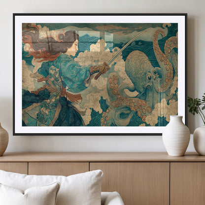 Tsukioka Yoshitoshi Samurai Wall Art Print, Japanese Katana Warrior Canvas Wall Art, Octopus Sea Monster Canvas Print,