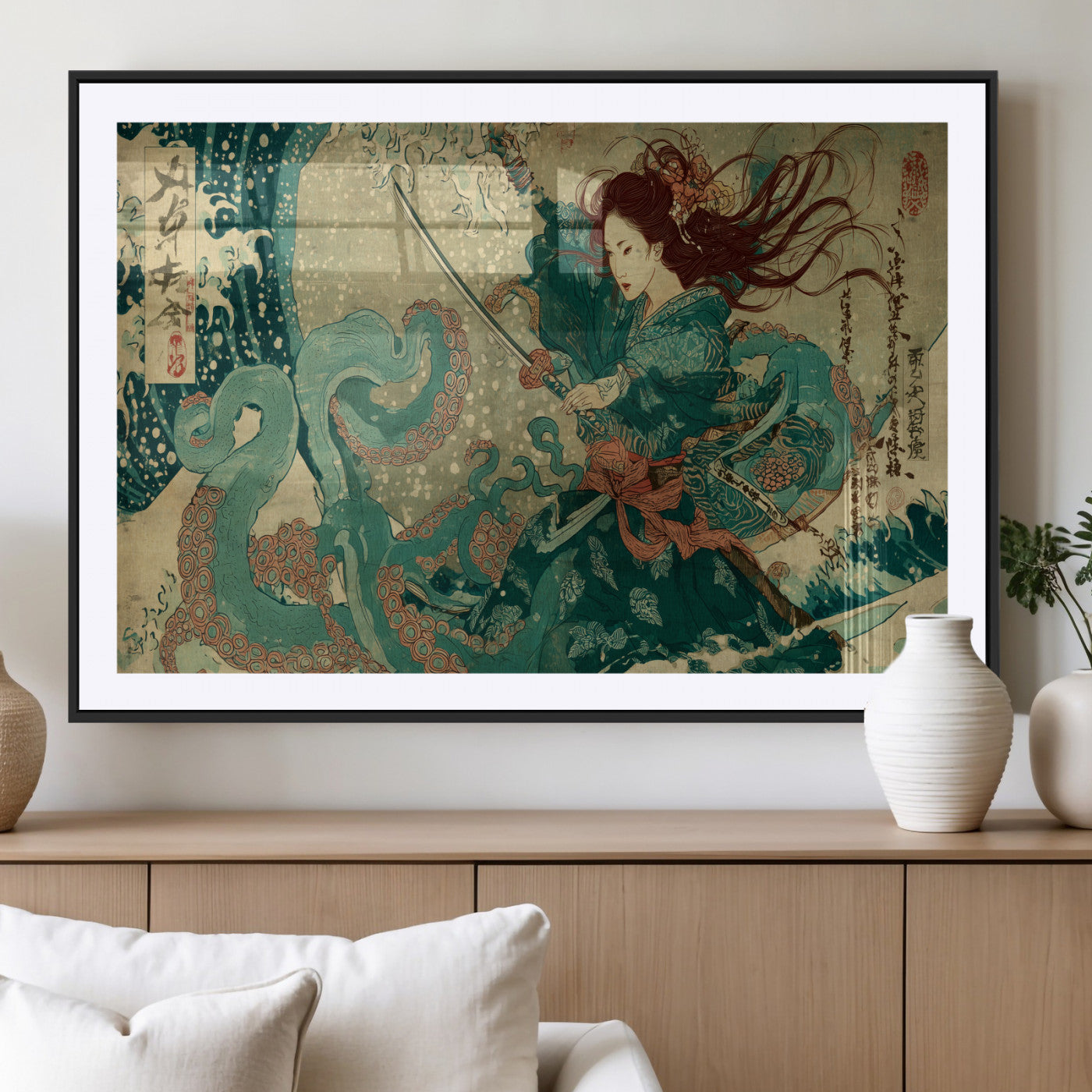 Tsukioka Yoshitoshi Samurai Wall Art Print, Japanese Katana Warrior Canvas Wall Art, Octopus Sea Monster Canvas Print,