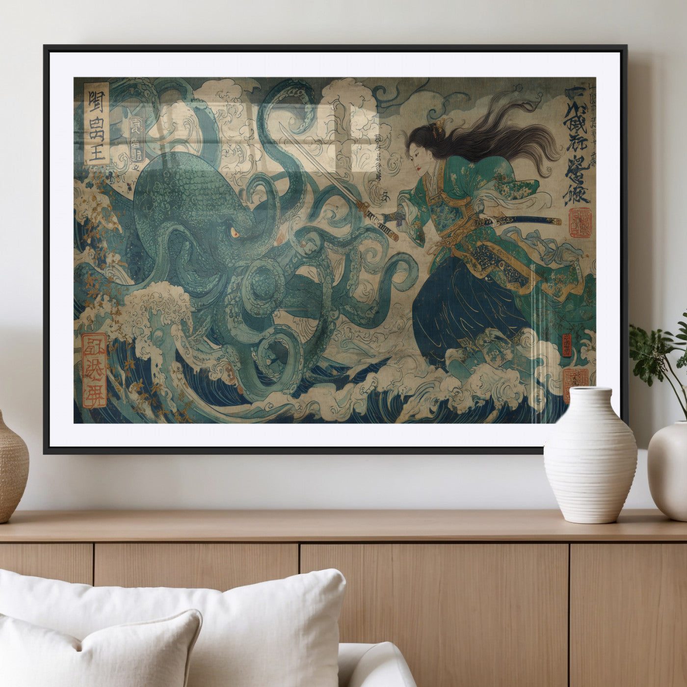Tsukioka Yoshitoshi Samurai Wall Art Print, Japanese Katana Warrior Canvas Wall Art, Octopus Sea Monster Canvas Print,