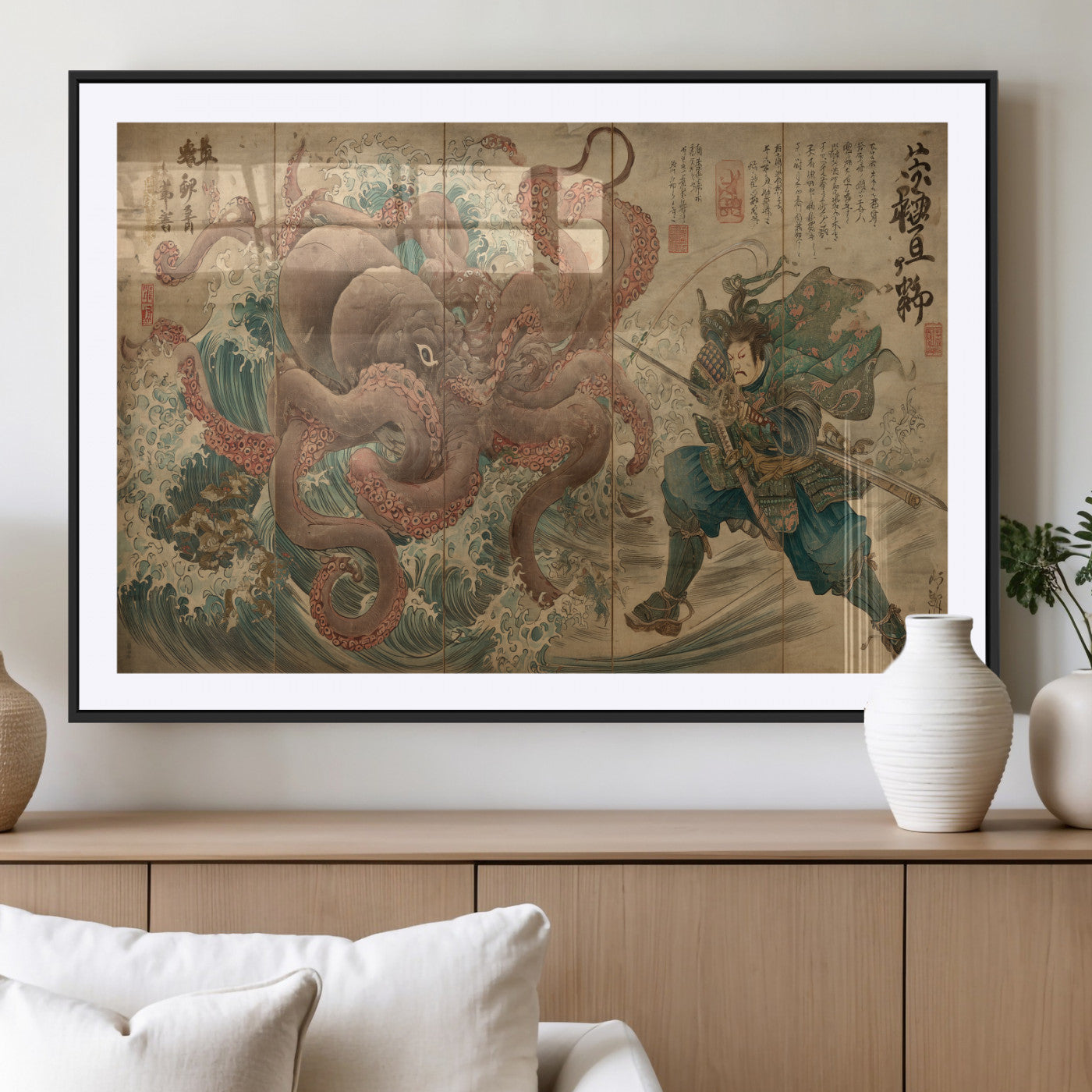 Tsukioka Yoshitoshi Samurai Wall Art Print, Japanese Katana Warrior Canvas Wall Art, Octopus Sea Monster Canvas Print,