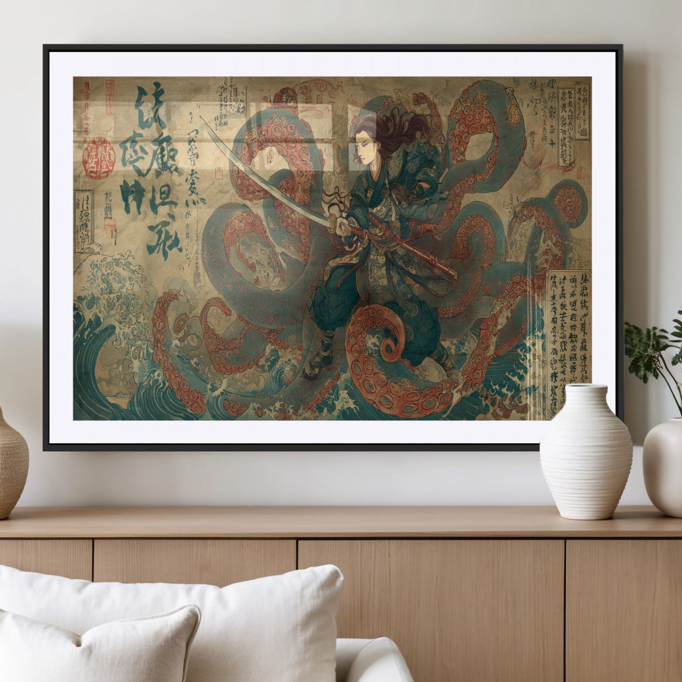 Tsukioka Yoshitoshi Samurai Wall Art Print, Japanese Katana Warrior Canvas Wall Art, Octopus Sea Monster Canvas Print,
