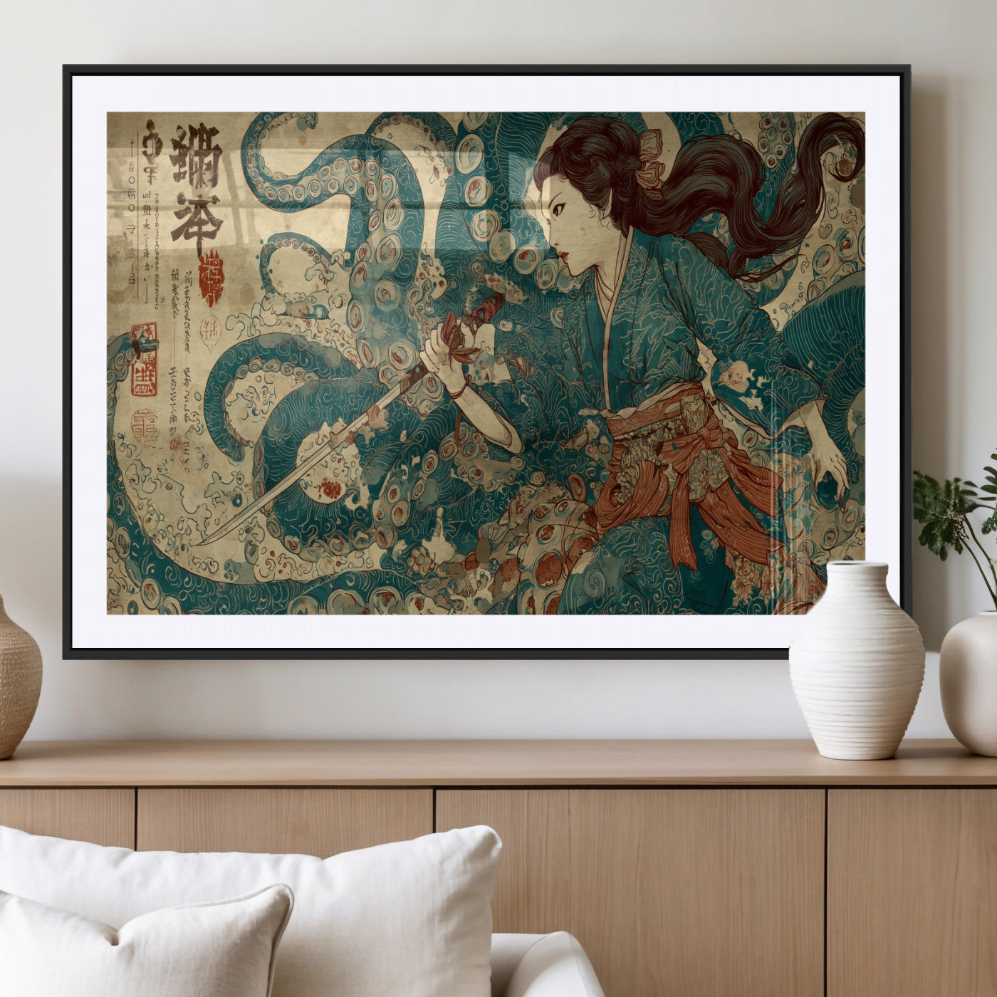 Tsukioka Yoshitoshi Samurai Wall Art Print, Japanese Katana Warrior Canvas Wall Art, Octopus Sea Monster Canvas Print,