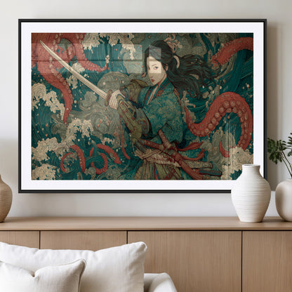 Tsukioka Yoshitoshi Samurai Wall Art Print, Japanese Katana Warrior Canvas Wall Art, Octopus Sea Monster Canvas Print,