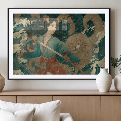 Tsukioka Yoshitoshi Samurai Wall Art Print, Japanese Katana Warrior Canvas Wall Art, Octopus Sea Monster Canvas Print,