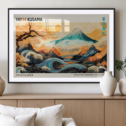 Modern Japanese-style art print featuring a stylized Mount Fuji, flowing waves, and vibrant landscapes in bold colors, inspired by traditional and contemporary aesthetics.
