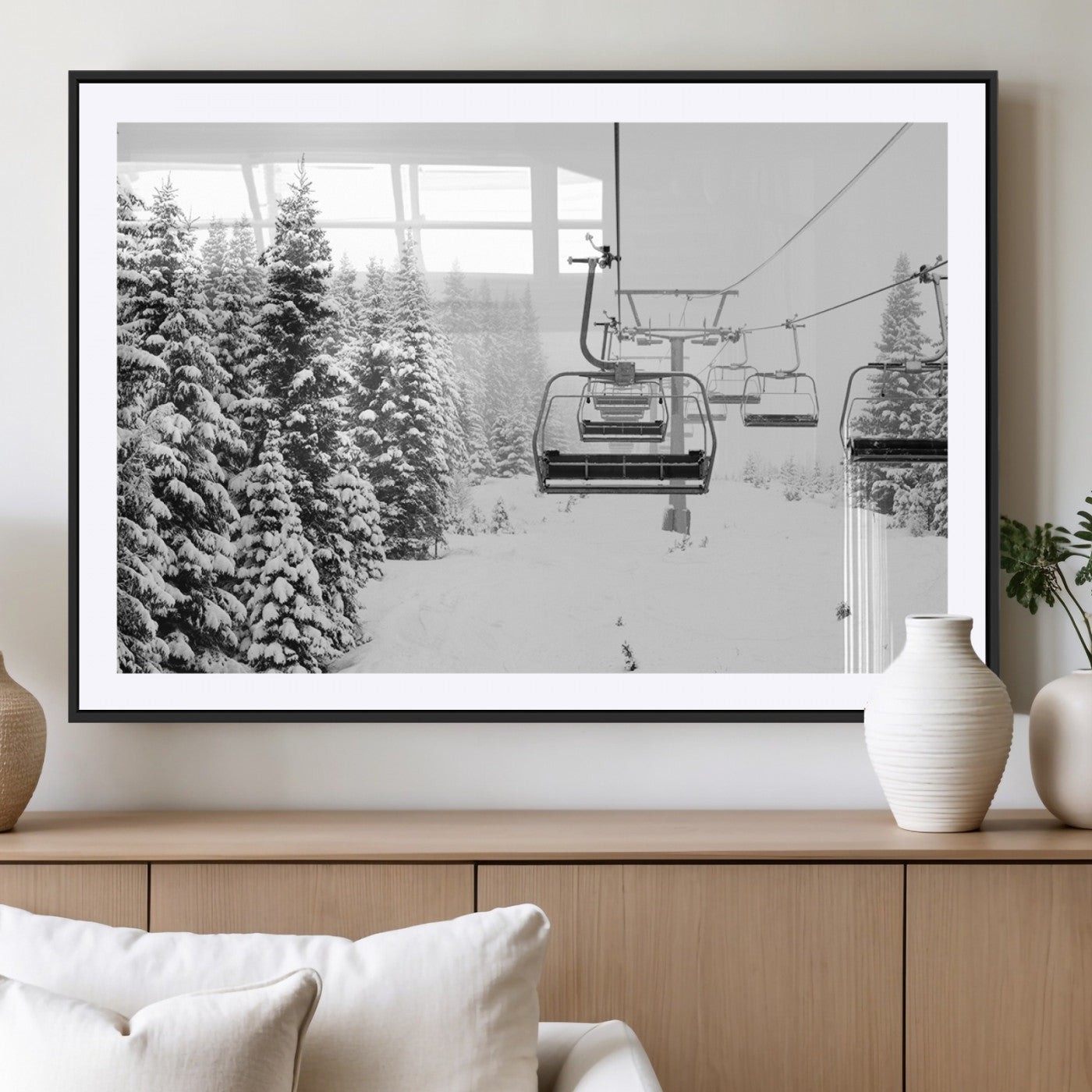 Black and white canvas of empty ski lifts over a snowy pine forest, perfect for minimal winter or ski lodge-inspired decor.
