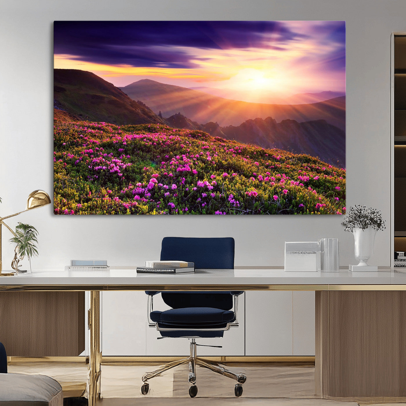 -Mountain Sunrise Wall Art – Vibrant Floral Landscape Canvas Print, Nature Home Decor for Living Room, Bedroom Office or Cabin
