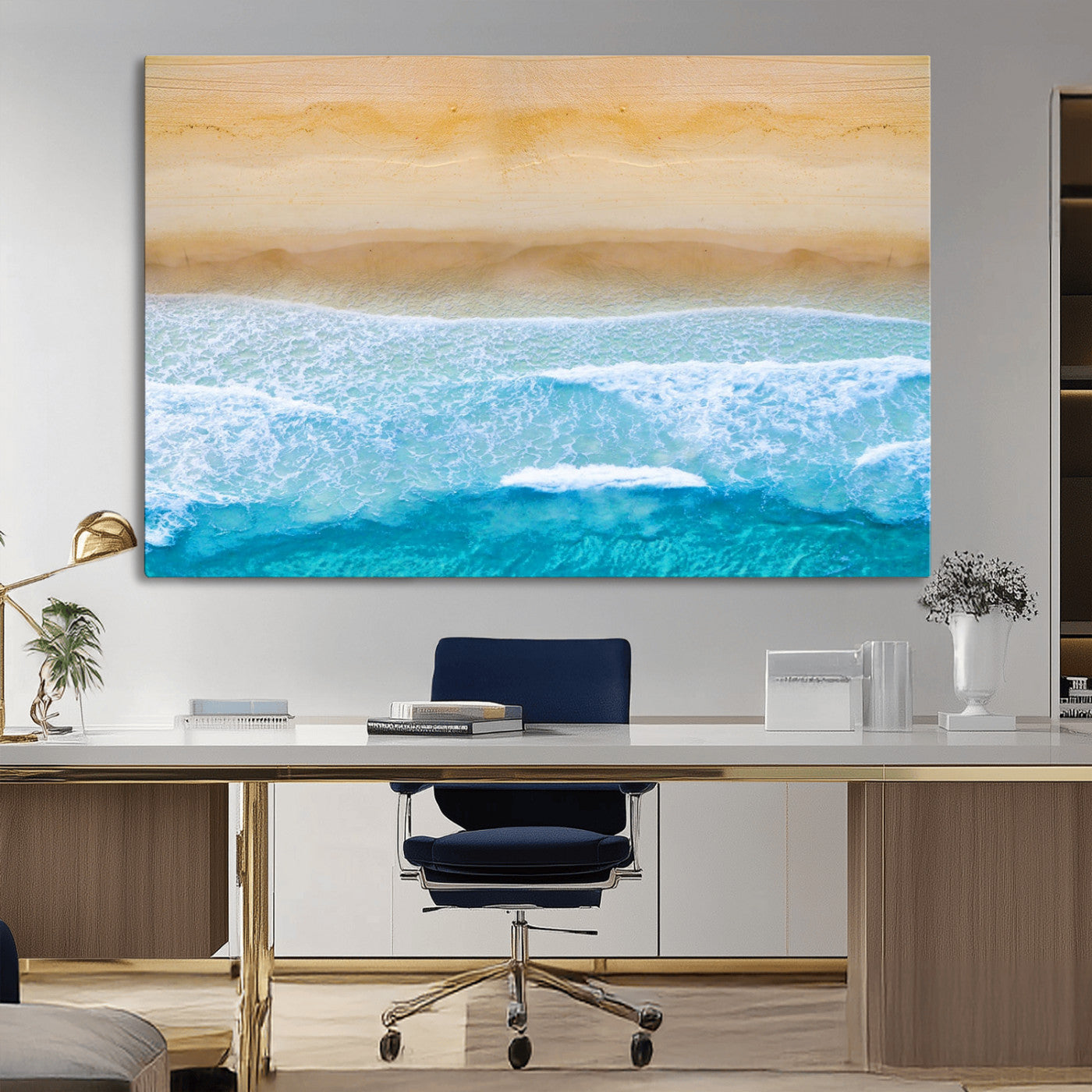 -Aerial Beach Wall Art – Serene Ocean Waves & Sandy Shore Canvas Print, Coastal Home Decor for Living Room, Bedroom or Office