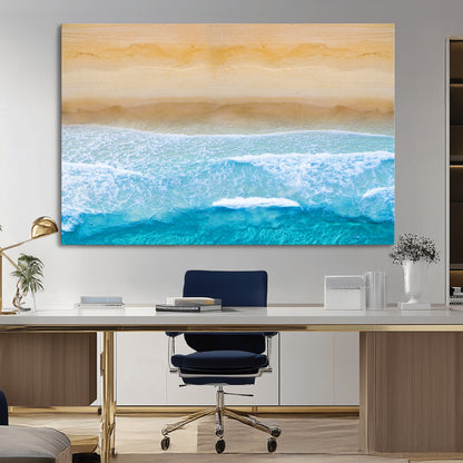 -Aerial Beach Wall Art – Serene Ocean Waves & Sandy Shore Canvas Print, Coastal Home Decor for Living Room, Bedroom or Office