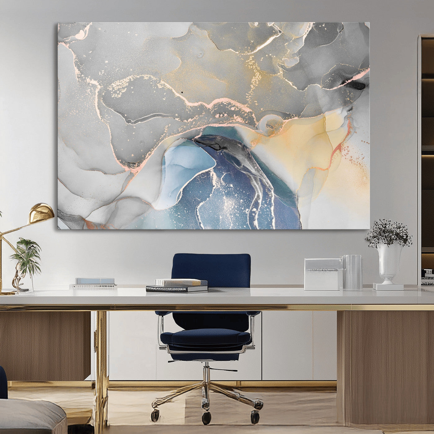 -Abstract Fluid Art Wall Decor – Blue, Gray & Gold Canvas Print, Modern Home and Office Wall Art Decor for Living Room, Bedroom or Workspace