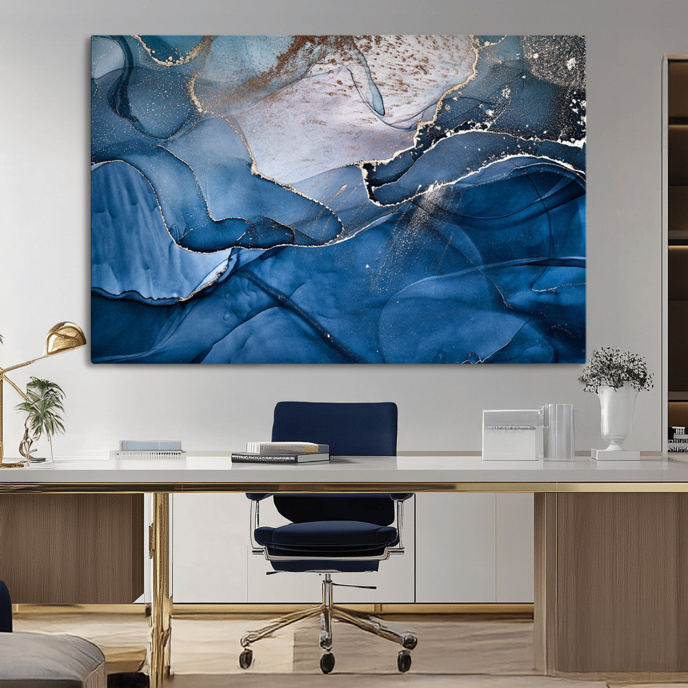 -Abstract Blue Gold Fluid Art Wall Decor – Modern Canvas Print, Elegant Home & Office Wall Art, Stylish Living Room or Bedroom Decoration