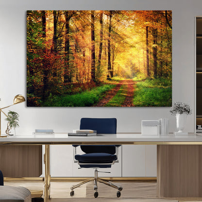 73494-MGV-CV-36X24-Golden Autumn Forest Path Wall Art – Sunlit Woodland Canvas Print, Fall Nature Landscape Home Decor