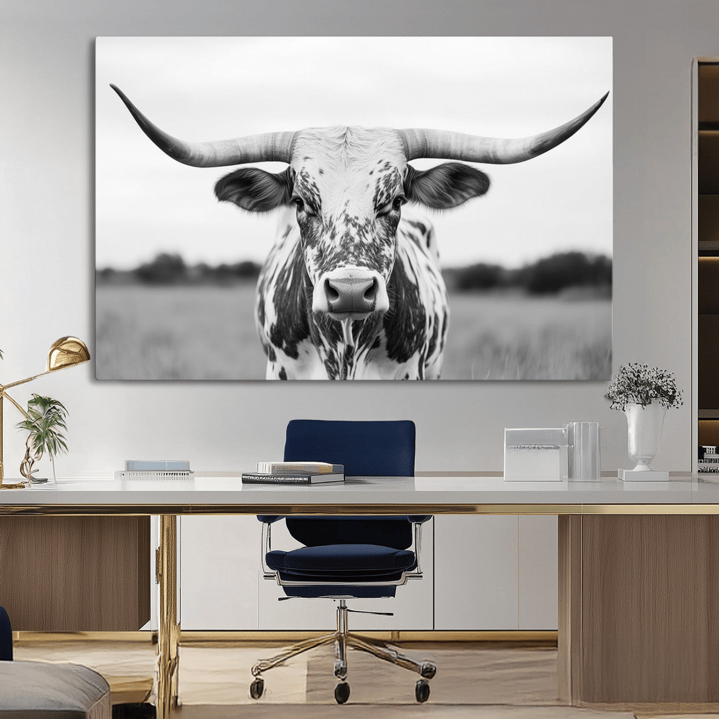 Capture the strength and elegance of nature with this striking black and white portrait of a longhorn cow. Its powerful presence makes a bold statement in any room.