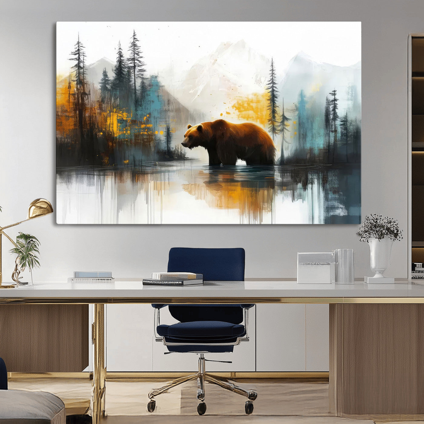 A majestic bear stands by the serene waters of a misty forest, surrounded by towering trees and distant mountains, evoking the raw beauty and wild spirit of nature.