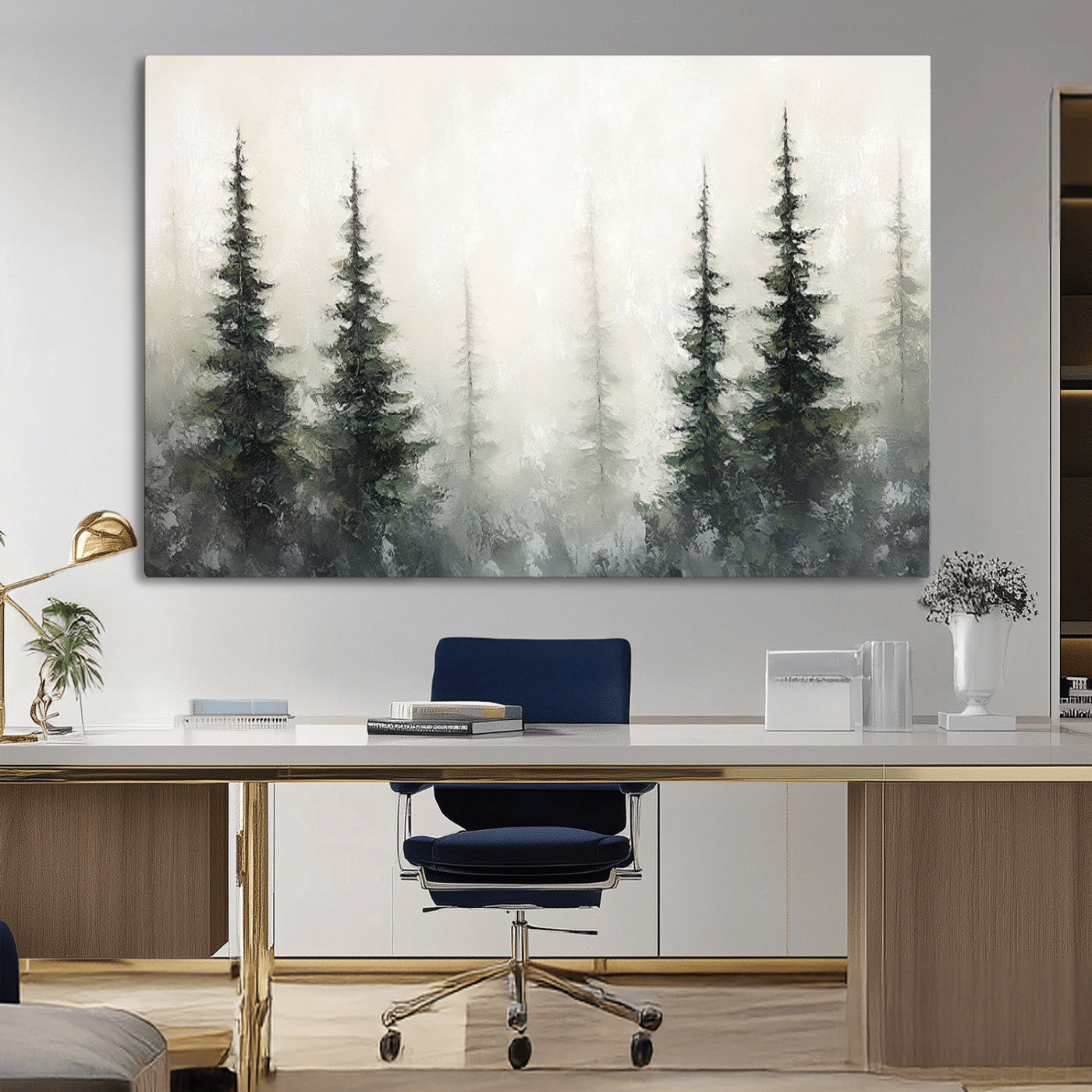 Soft and misty pine forest painting in neutral earthy tones, ideal for calm woodland or minimalist rustic home decor.
